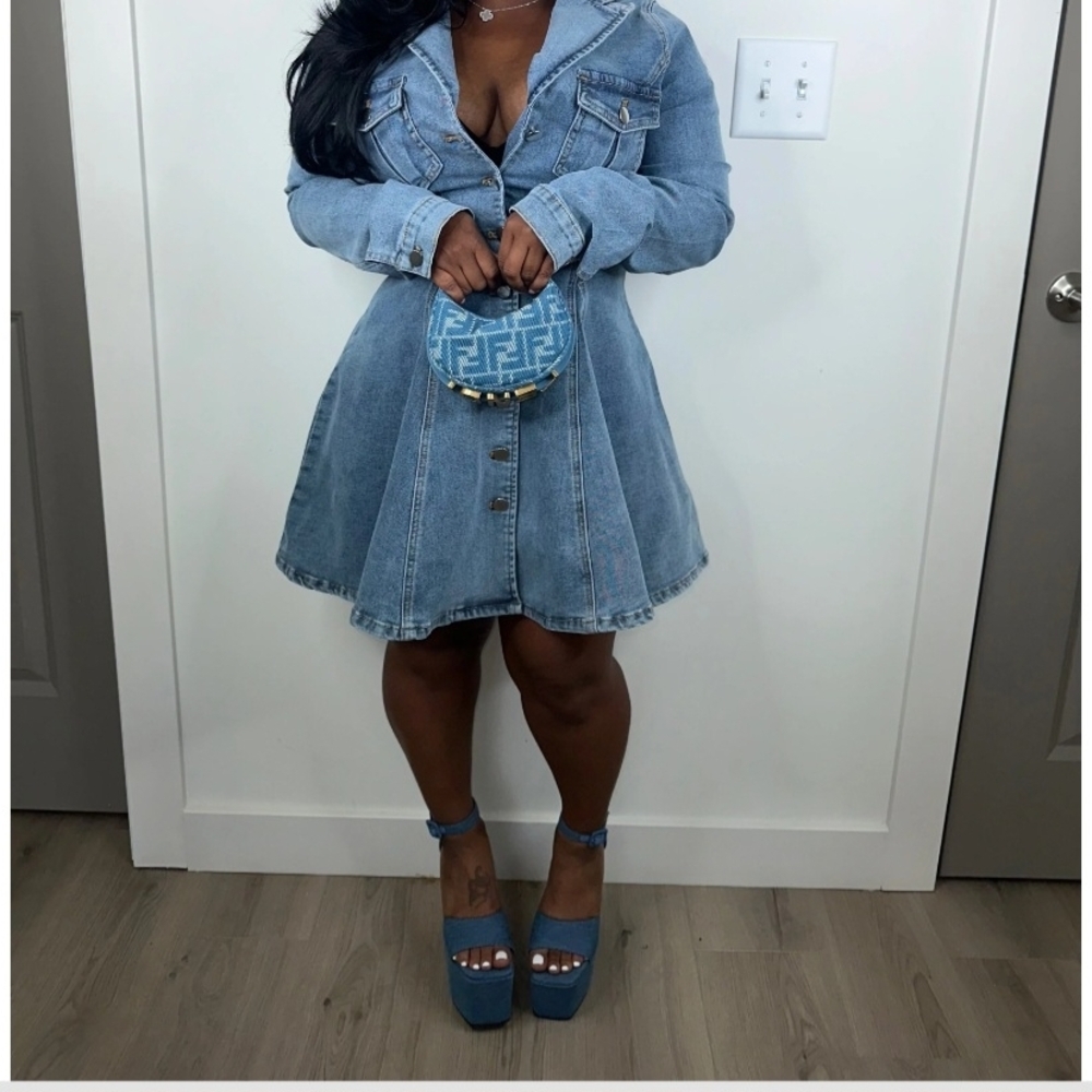 Stylish Denim Dress with Matching Bag and Heels